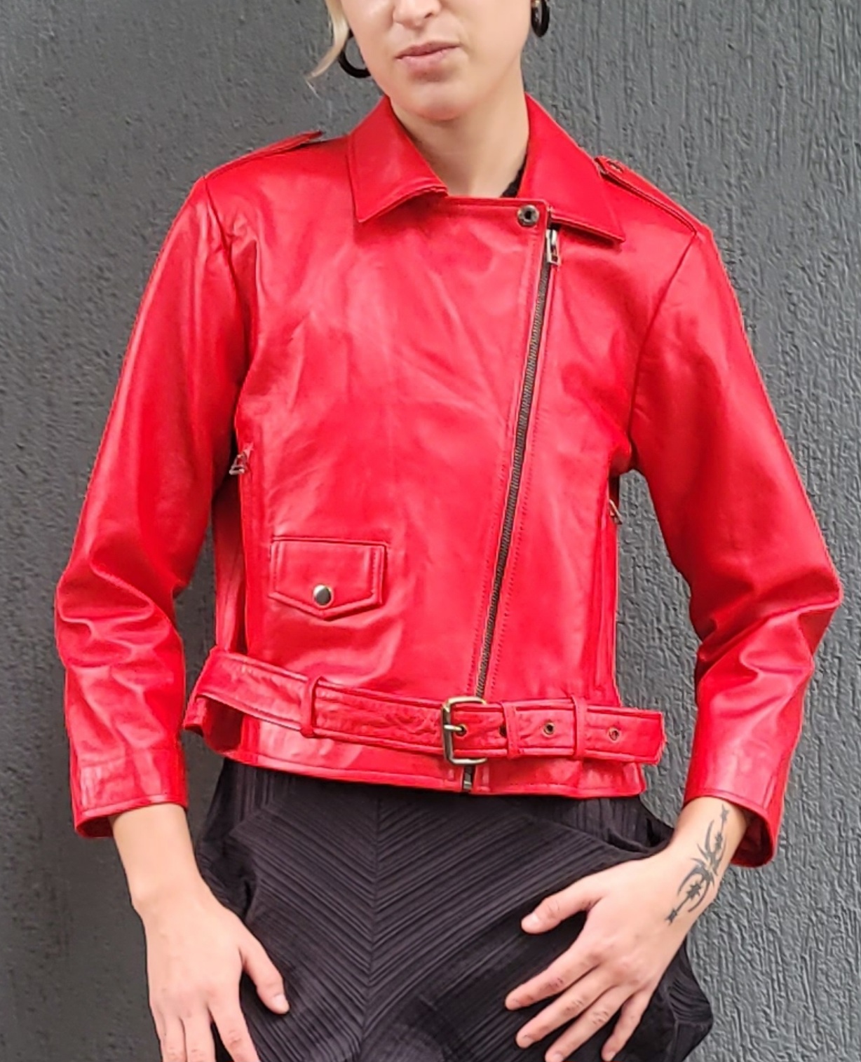 Custom made Red Leather Biker Style Jacket S - Image 4