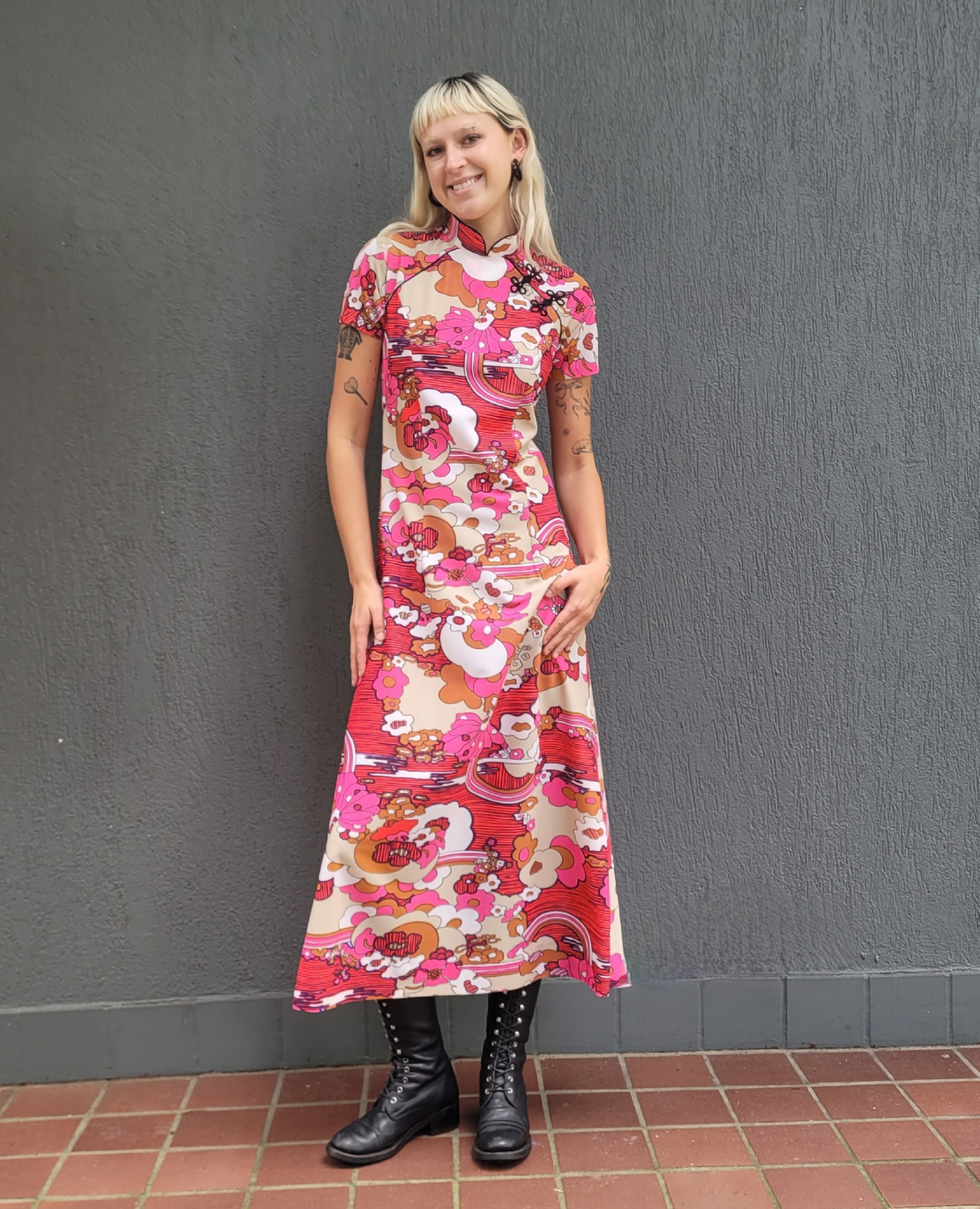 Vintage Pink Psychedelic CheongSam Style Maxi Dress 8-10au